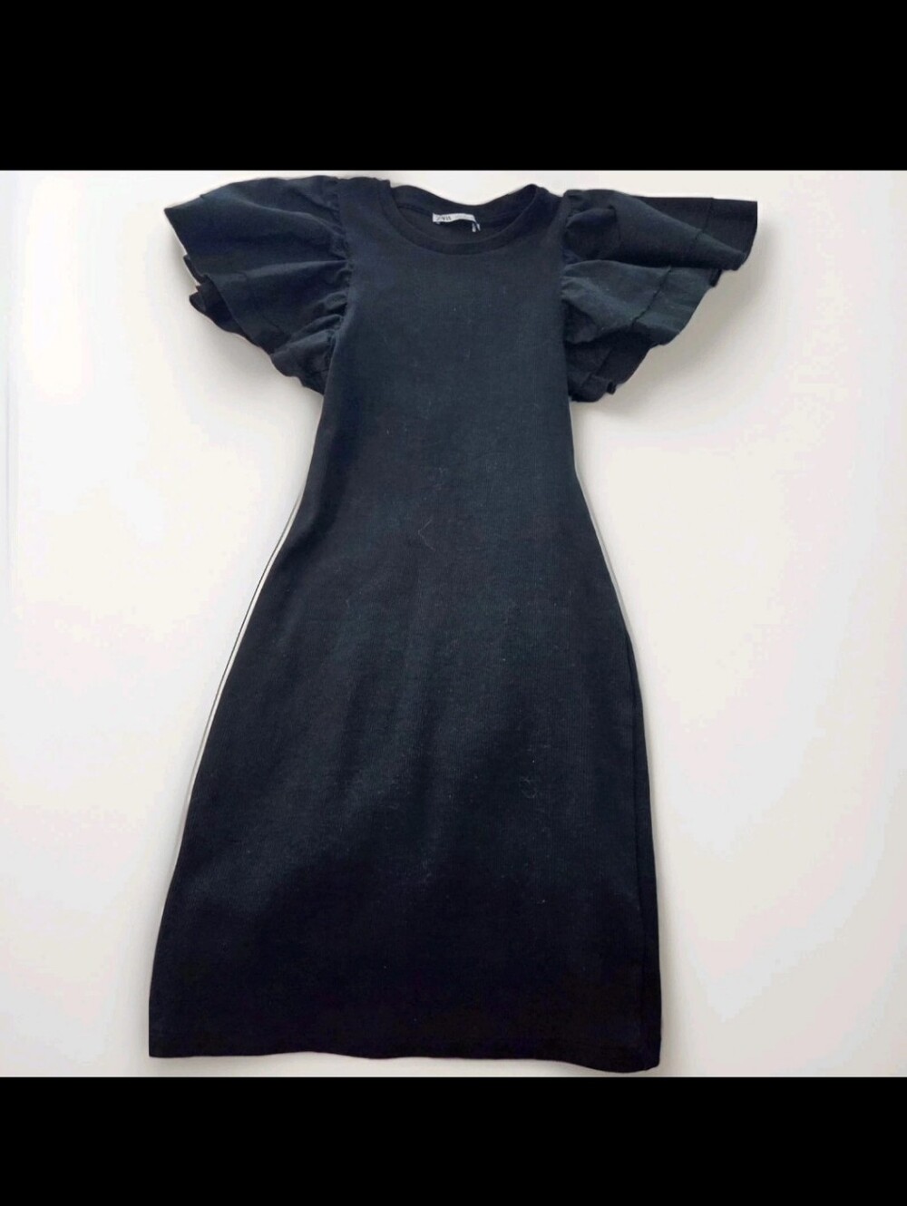 Zara Black Ribbed Ruffle Sleeve Bodycon Mini Dress Cotton Stretch Small S